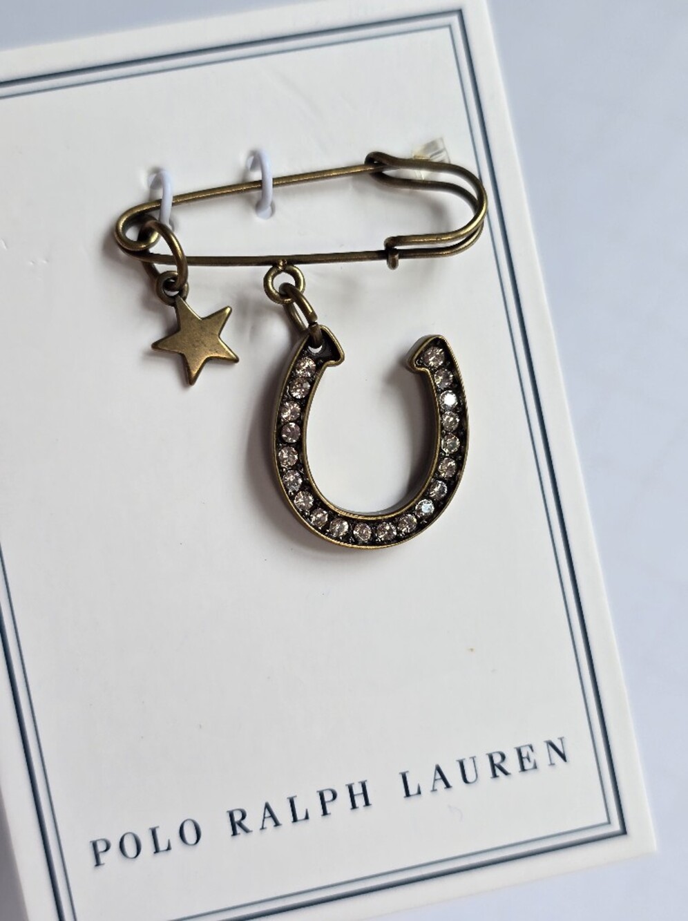Polo Ralph Lauren Horseshoe With Crystals Star Paperclip Pin Antique Gold Tone